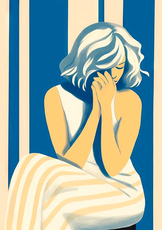 Illustration of a woman in a white dress, sitting with hands near her face, against blue and cream vertical stripes.