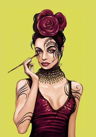 Artistic portrait of a woman with rose hair, ornate makeup, and jewelry, applying eyeliner; Touche - Kate Aitana.