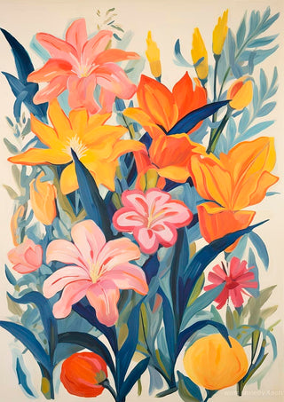 Colorful bouquet of pink, orange, and yellow tulips with green leaves in a vibrant painted style.