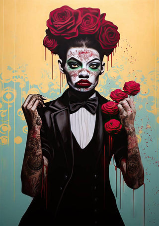 A woman in formal attire with rose crown, face paint, and holding roses; artwork for A Rose For You - Tara Green.