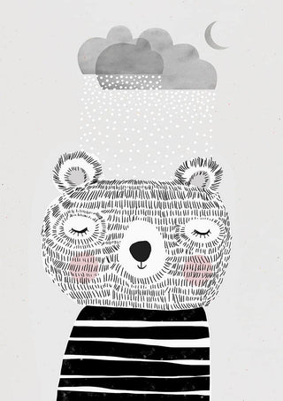 Illustration of a cute bear with closed eyes under falling snow, gray clouds, and crescent moon above.