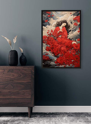 Love N Roses by David Wolf artwork featuring a woman in red with roses, framed and hung on a modern wall.