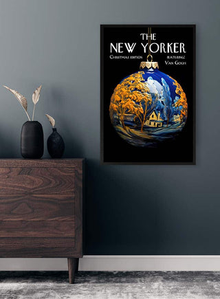 New Yorker Christmas edition poster featuring Van Gogh-inspired art, hanging on a modern grey wall.