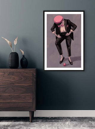 Framed Lady Chaplin - Martina Karlsson print on a dark wall above a wooden dresser with decorative vases.