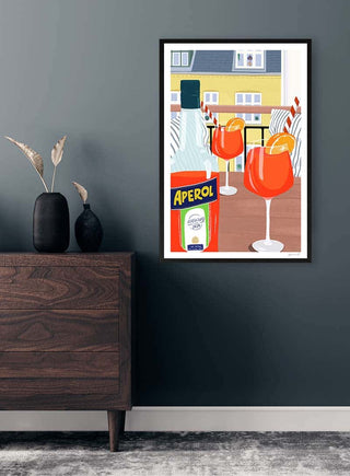 Framed print featuring Aperol and spritz cocktails, styled in a modern interior for Altan Hygge - ByKammille.