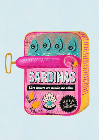 Illustration of a colorful sardines tin can labeled "Sardinas" with lemon and olive oil on a light blue background.