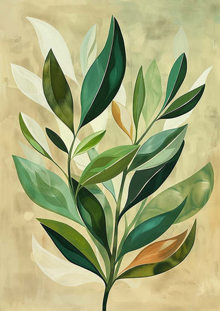 Abstract Horizon art print featuring stylized green and white leaves on a beige background.