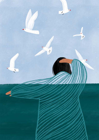 Illustration of a person in a striped robe by the sea, watching seagulls fly under a blue sky.