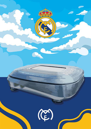 Illustration of Santiago Bernabeu Stadium with Real Madrid crest and stylized sky background.