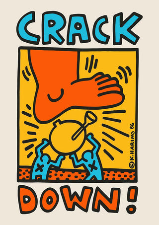 Illustration from Crack Down by Keith Haring showing a foot stomping on a siren held by two blue figures.