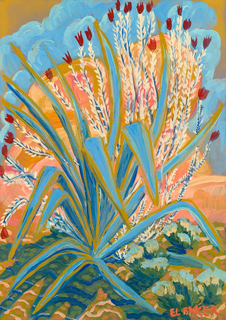 Colorful painting of an agave plant with blue-green leaves and red-tipped stalks against a warm, abstract background.