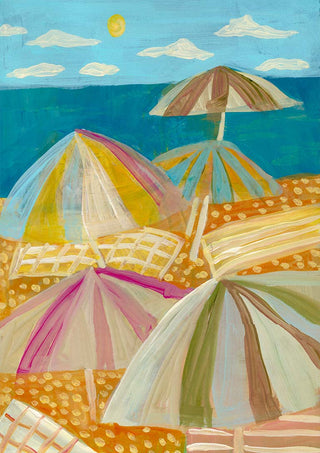 Colorful beach umbrellas and towels on sand by the ocean under a sunny sky, artwork by Eleanor Baker.