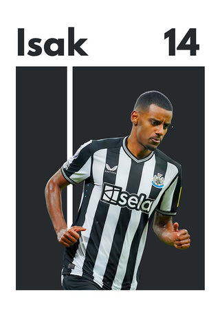 Alexander Isak football poster featuring him in a Newcastle United kit with "Isak 14" text above.