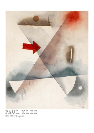 Abstract artwork "Chimes 1928" by Paul Klee, featuring geometric shapes and a prominent red arrow.