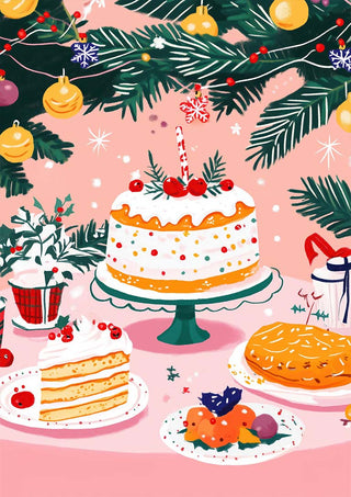 Christmas cake with whipped cream and cherries under a decorated tree, surrounded by festive treats.