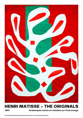Abstract white organic shapes on red and green background, from Henri Matisse's "Arabesques" series, 1947.