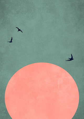 Minimalist artwork with three birds flying over a large pink sun against a muted green sky.