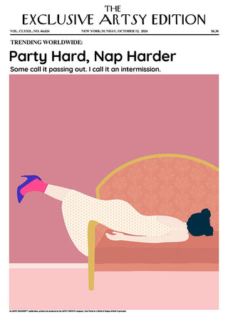 Illustration of a woman napping upside down on a couch, featured on the Party Hard - Nap Harder Artsy Edition product page.