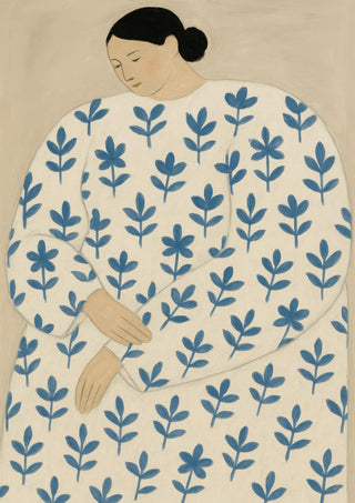 Art print of a woman in a white dress with blue leaf patterns, from Status Quo by Martina Karlsson.