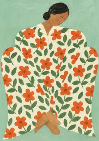 Illustration of a woman in a floral robe with red flowers and green leaves, sitting peacefully.
