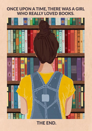 Illustration of a girl in overalls facing bookshelves, with text about her love for books. Book Girl wallchart.