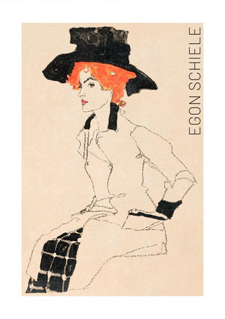 Portrait of a Woman (1910) by Egon Schiele art print shows a seated woman with orange hair and a large black hat.