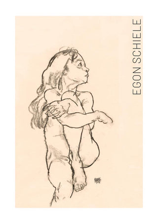 Charcoal sketch of a seated nude girl clasping her left knee, by Egon Schiele, 1918.