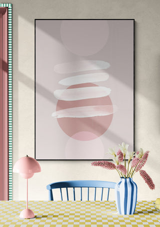 Abstract Minimalism 18 art print with soft pink shapes, displayed in a modern room with pastel decor.