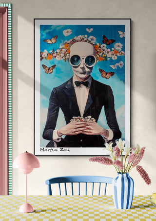 Art print of a skeleton in a suit with flowers and butterflies, from My Butterfly by Martin Zen.