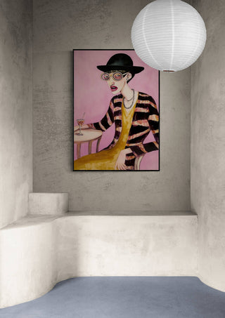 My Smile - Martin Zen artwork featuring a stylish figure with glasses, hat, and striped jacket on a pink background.