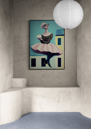 Framed "It's My House" artwork by Martin Zen on a minimalist wall with curved bench and paper lantern overhead.