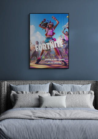 Fortnite gamer poster featuring vibrant characters, displayed above a modern bed in a stylish bedroom setting.