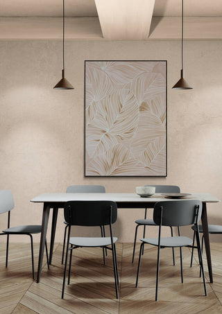 Modern dining area with Dance of Existence artwork featuring abstract leaf patterns on the wall.
