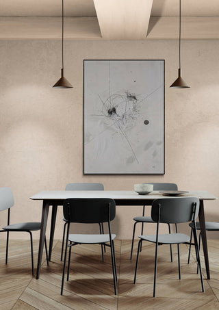 Minimalist dining area with a large abstract artwork titled "Harmony of Chaos" hanging above the table.