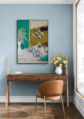 Art print of "I Despise English Tea - Goed Blauw" displayed above a desk in a modern, stylish room.