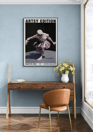 Poster of Zebra Ballet by Martin Zen in a modern room, featuring a dancer with zebra-striped clothing.