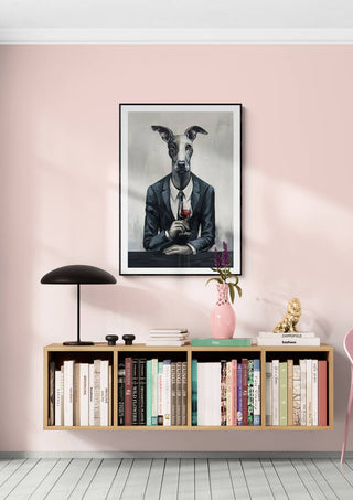Framed Boss Man - Martin Zen artwork of a dog in a suit, displayed above a bookshelf on a pink wall.