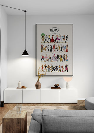 Everybody Dance Now poster by Nour Tohme displayed in a modern living room above a white sideboard.