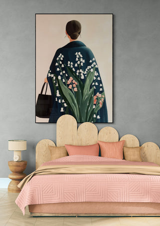 Framed "Take Me Home" by Elara Monet hangs above a bed in a modern, stylish bedroom setting.
