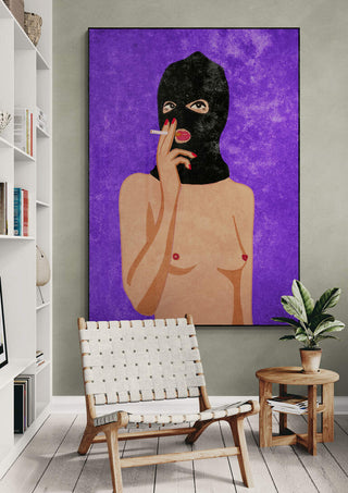 A painting of a topless person in a black mask smoking, displayed in a modern room; My Body is not a Crime.