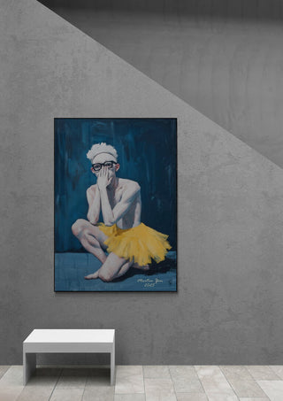 Artwork "Magic Ballet" by Martin Zen featuring a person in glasses and yellow tutu, displayed on a modern gray wall.