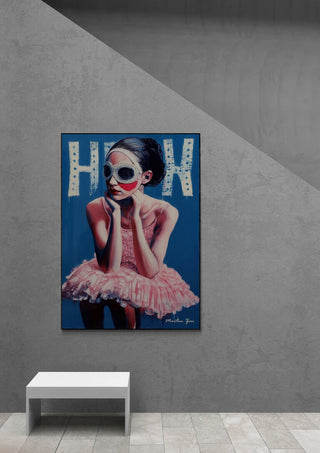 Art print "HooK" by Martin Zen featuring a girl in a pink dress and mask, displayed on a modern gray wall.