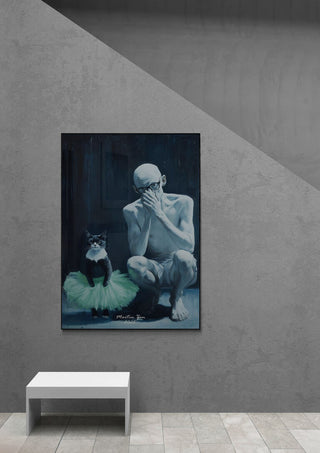 Poster of "Teach The Cat - Martin Zen" featuring a man and a cat in a tutu, displayed on a gray wall.
