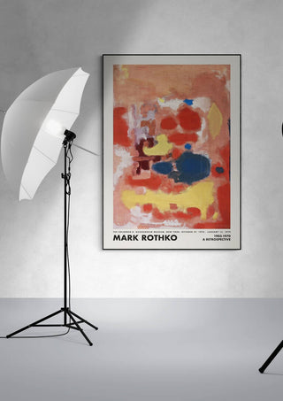 Framed Rothko “Yellow on Orange” print displayed in a studio setting with professional lighting equipment.