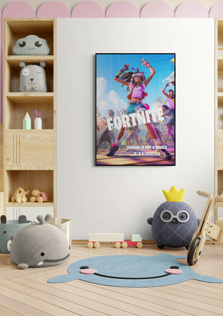 Fortnite Gamer Plakat displayed in a child's playroom, surrounded by plush toys and wooden shelves.