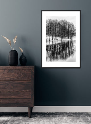 Black and white poster of trees reflected in a lake, framed and hung above a wooden dresser.