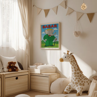 Babar The King poster on a wall in a cozy children's room with toys and natural light.