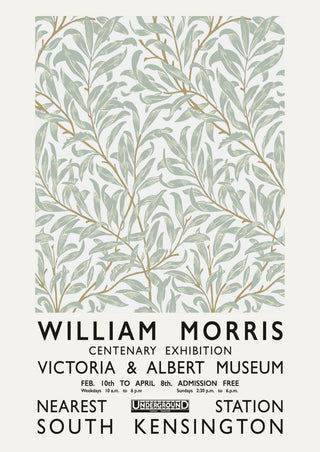 William Morris exhibition poster with leafy pattern, dates and location at Victoria & Albert Museum, South Kensington.