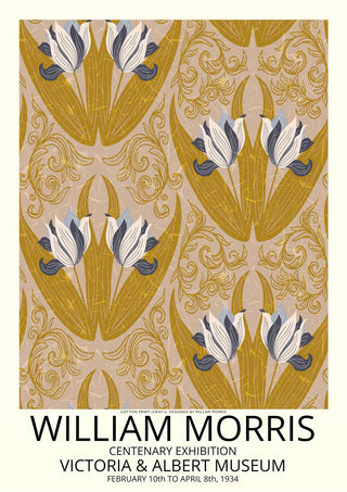 Poster featuring William Morris tulip pattern in gold and blue, with exhibition details at the Victoria & Albert Museum.