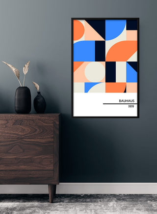 1919 Bauhaus Poster #6 featuring geometric shapes in blue, orange, beige, and black on a modern wall.